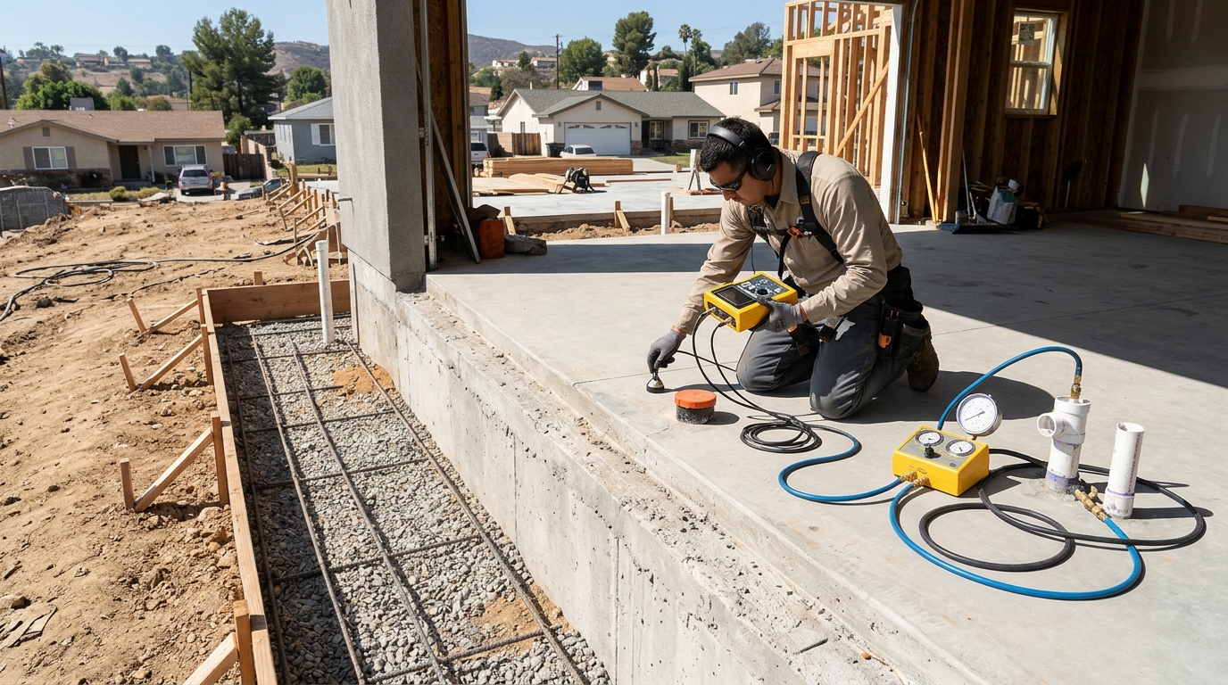 Plumbing technician testing pressurized pipes for slab leak repair in Santa Barbara