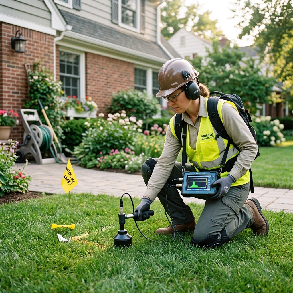 Plumbing technician utilizing digital leak detection instrument in Santa Barbara property